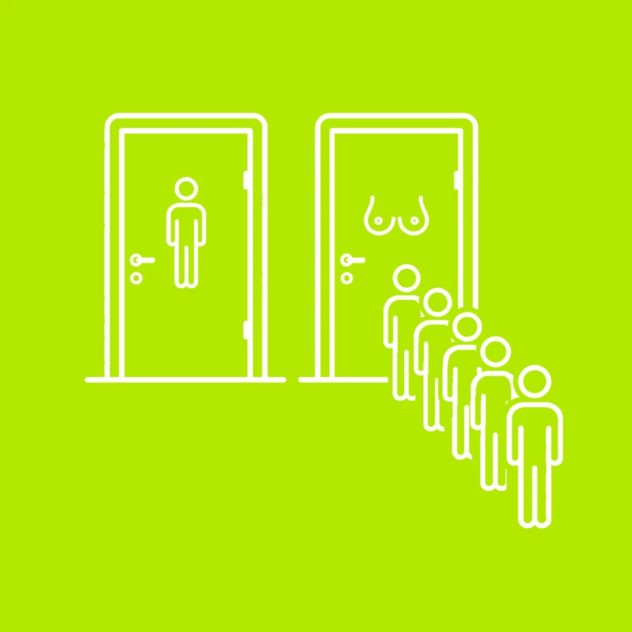 Two restroom doors, a queue at one of them